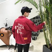 Mùa thu denim lỏng áo khoác nam Hàn Quốc phiên bản của xu hướng cá tính hip hop denim đỏ quần áo 褂 sinh viên đẹp trai áo khoác nam