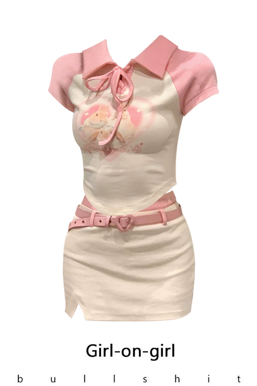 Cartoon short sleeve T-shirt, belt bag, skirt, set, (Physicals), high waist