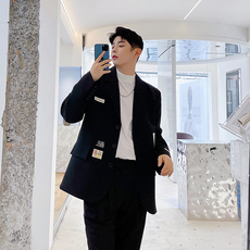 Пиджак, Костюм 春秋韩国ins网红白色小西装男个性时尚贴标设计感韩版炸街西服潮