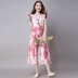 Mùa hè Hàn Quốc phiên bản của bông retro và in ấn vải lanh với đàn hồi eo ngắn tay áo swing lớn váy Một chiếc váy từ đã mỏng trong chiếc váy dài A-Line Váy