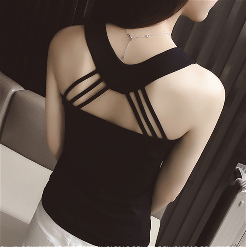 2018 mùa xuân và mùa hè mới sexy lại chữ thập màu đen và trắng rỗng cơ sở màu rắn vest vest tops phụ nữ