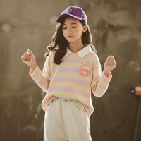Cô gái sọc áo mùa thu cotton mới quần áo trẻ em rộng rãi phiên bản Hàn Quốc của áo thun cổ tròn dài tay áo thun - Áo thun áo phông bé trai 1-12 tuổi
