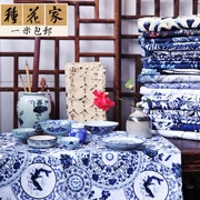 phong cách Trung Quốc vải màu xanh và trắng in xanh bông và lanh quần áo vải váy khăn trải bàn rèm cửa sofa bọc - Vải vải tự làm