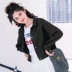 Đỏ đen xanh vàng trắng hồng denim jacket nữ 2018 mùa thu mới Hàn Quốc ngắn pocket lại dây đeo áo sơ mi