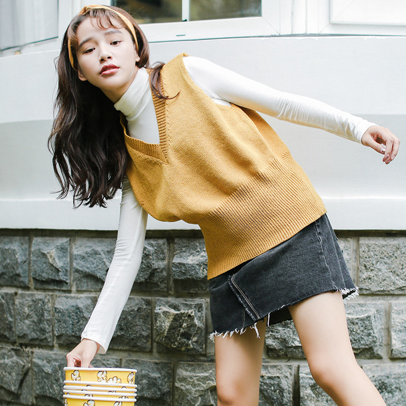 甜美学院风v领无袖直筒百搭毛衣女套头纯色毛针织衫 曲珠高档面料