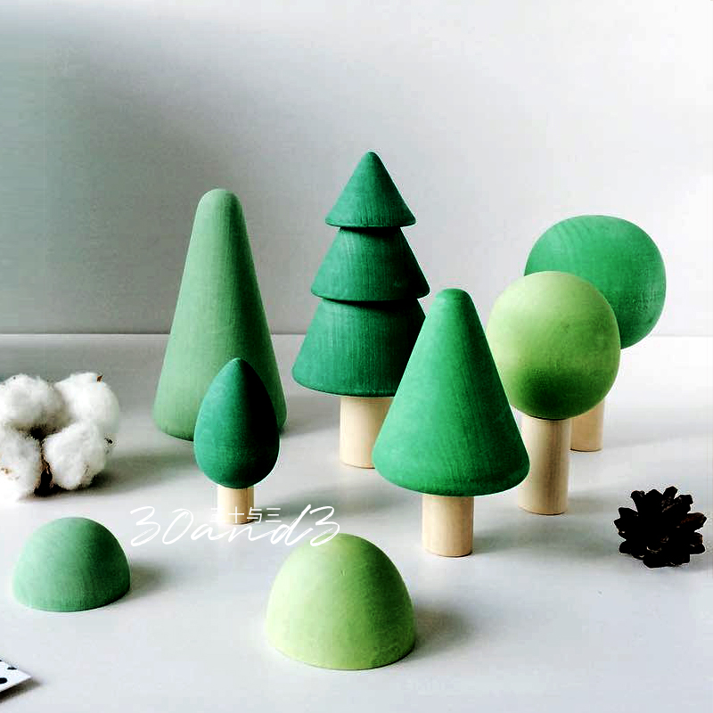 Basswood TreeRainbow Series weather scene build Solid wood Building blocks granule Toys Frosted ball Forest Tree  house Coral