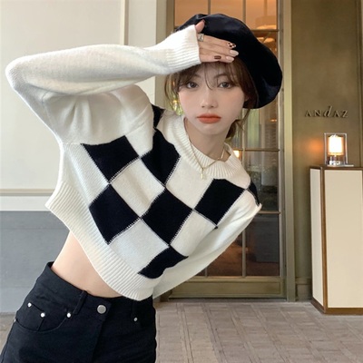 taobao agent Retro short knitted sweater, jacket, bra top, 2021 collection, high waist, long sleeve
