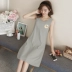 Vest Không Tay Nightdress Nữ Mùa Hè Vành Đai Ngực Pad Sinh Viên Lỏng Cotton Tươi Hàn Quốc Đồ Ngủ Dài Sling Dịch Vụ Nhà váy cho người trung niên Đêm đầm
