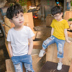 Trẻ em nam jeans lỗ set 2018 mùa hè mới triều thời trang trẻ em cắt quần bé cotton ngắn tay áo Quần jean