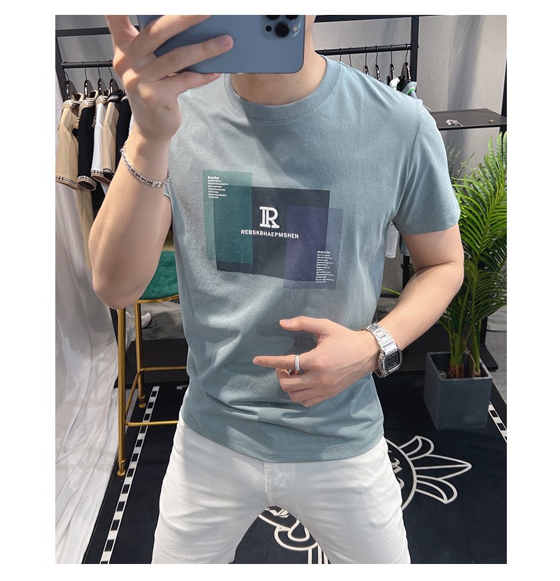 欧洲站短袖男潮牌夏季新款时尚简约印花T恤欧货青年纯棉修身衣服