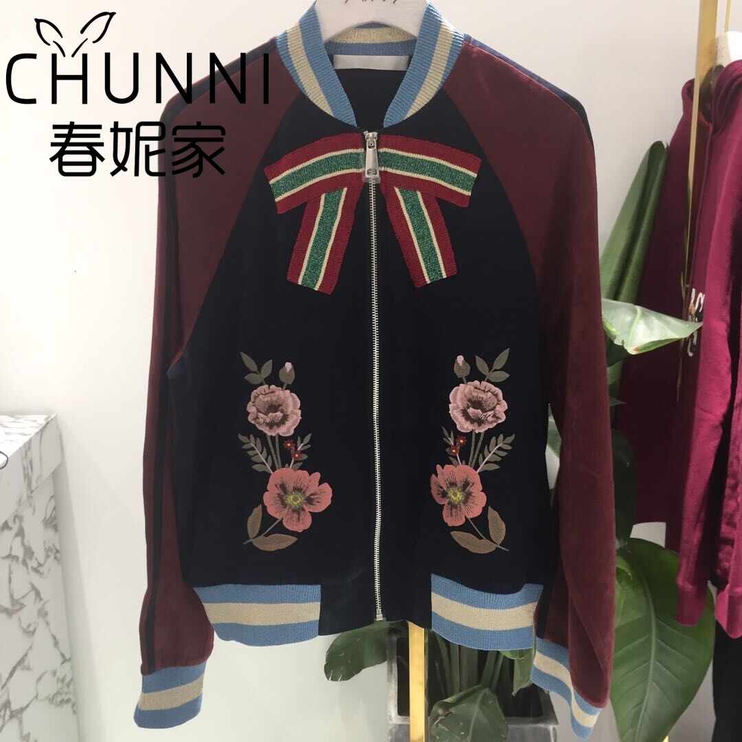Các gnome đại sứ 2018 mùa thu màu tương phản bow hoa thêu đồng phục bóng chày lỏng ngắn áo khoác nữ 3F3F413
