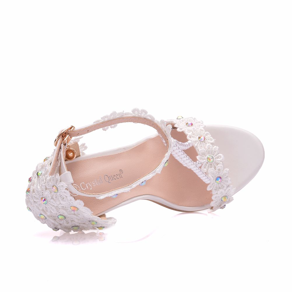 White5 centimeter Seven colors Lace Beading Sandals Fine heel Size code Shallow mouth Word band rainbow Sandals Middle heel Women's Shoes