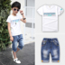 Zhongda Trai Set 2018 Mùa Hè Trẻ Em Mới của Mặc Trai Denim Cắt Quần Nam Ngắn Tay Áo T-Shirt Hai Mảnh Set Quần jean