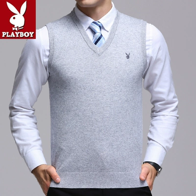 Mùa thu Playboy người đàn ông trung niên của áo len màu rắn vest vest v- cổ áo len áo gi lê trùm đầu cha áo len trung niên Dệt kim Vest
