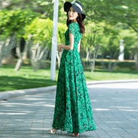 2018 mùa hè mới mùa mỏng giảm béo khí lady vòng cổ big Slim xanh in bãi biển dress dài váy đầm dài trung niên