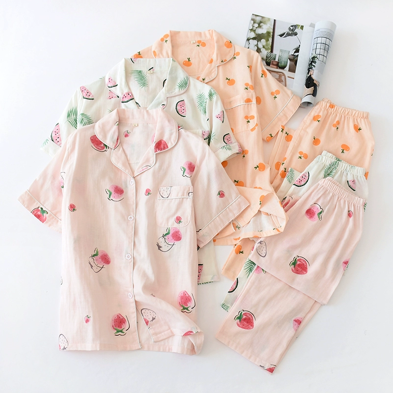 Bộ đồ ngủ của phụ nữ mùa hè cotton gạc quần ngắn tay phù hợp với bộ đồ dễ thương hoạt hình tươi sinh viên dịch vụ nhà hai mảnh phù hợp với - Bộ Pajama