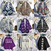 Áo retro ukiyo-e màu tối Nhật Bản áo choàng kimono cardigan nam Harajuku bf lỏng áo sơ mi tay áo bảy điểm yêu thích áo khoác