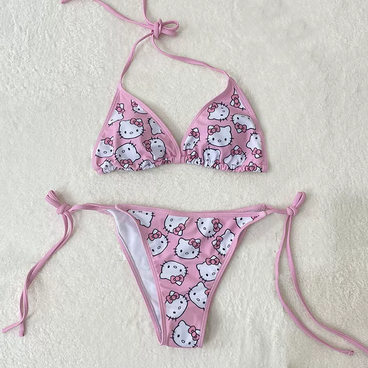 Hello kitty, фуксия милый купальник, push up бюстгальтер