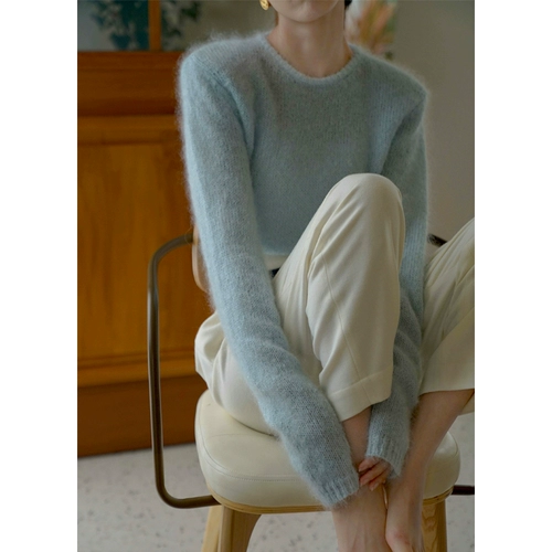 Синий демисезонный трикотажный приятный телу свитер с круглым воротником, французский стиль, по фигуре