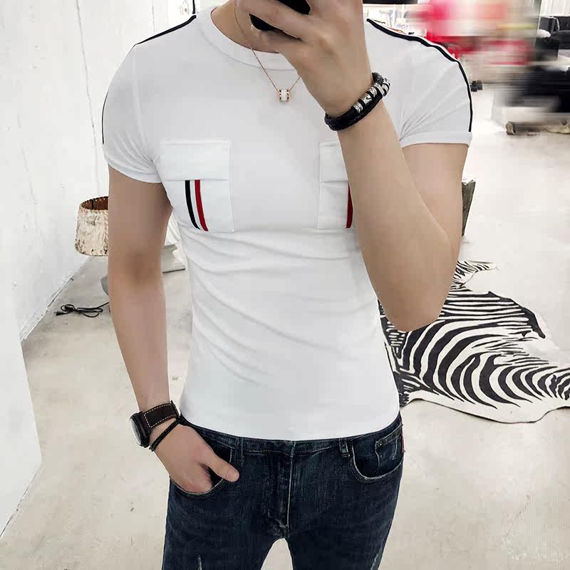 2018夏季爆款短袖韩版修身潮男胸前口袋圆领t恤d311-t231-p35