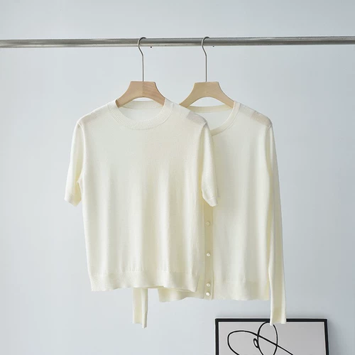 Комплект, шерстяной свитер, трикотажный кардиган, 60 шт, французский стиль, короткий рукав