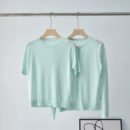 Комплект, шерстяной свитер, трикотажный кардиган, 60 шт, французский стиль, короткий рукав