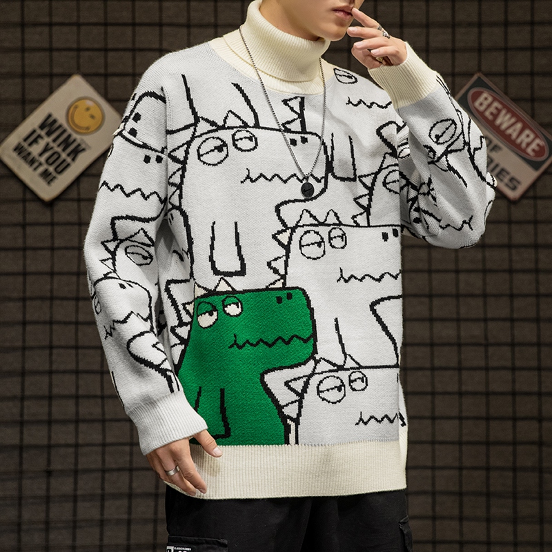 Sweater men's high collar thickened fashion cartoon trend loose lazy couple personality Winter Hong Kong Style knitwear