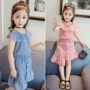 Cô gái đại dương mùa hè 2018 trẻ em Hàn Quốc mới bé kẻ sọc ve áo váy không thường xuyên hai mảnh bộ áo liền quần cho bé