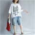 Mùa hè 2019 mập mạp cỡ lớn nữ cổ tròn tay áo bảy điểm phiên bản Hàn Quốc của phân bón để tăng 200 kg in áo thun cotton - Cộng với kích thước quần áo
