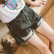 Quần short denim nữ 2019 ngoại mới hè mặc quần lửng cạp cao trẻ em cao eo đen quần lửng - Quần jean