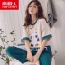 Đồ ngủ nam cực nam mùa hè quần ngắn tay cotton hai mảnh phù hợp với Hàn Quốc phần mỏng dễ thương có thể mặc bên ngoài quần áo - Nam giới