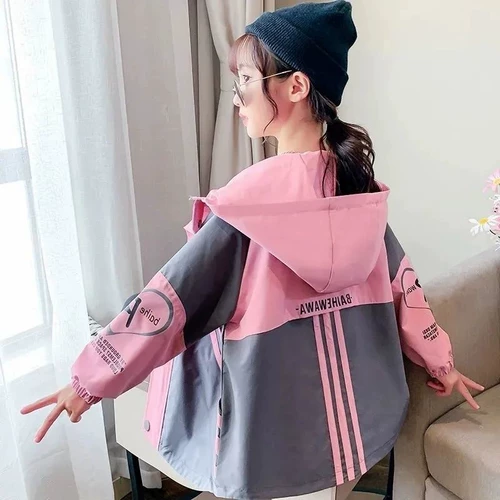 女童秋装外套2021新款韩版小女孩洋气风衣中大童装连帽时髦夹克潮