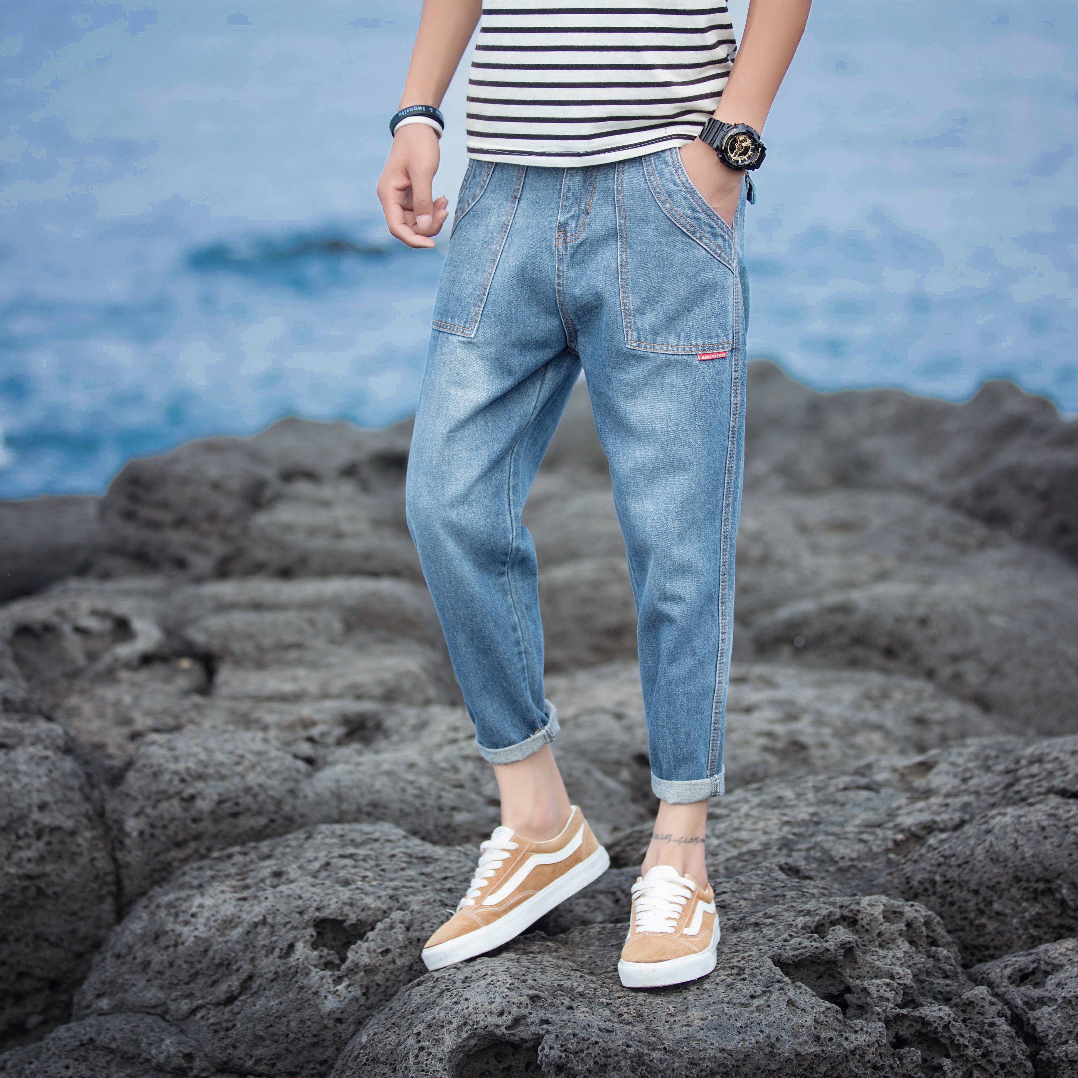 夏季男士九分牛仔裤青年学生复古休闲宽松牛仔裤时尚小脚裤潮 p45