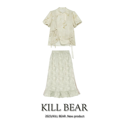 taobao agent Kill Bear Dopamine new Chinese style Chinese short -sleeved shirt female ink printed live two -piece skirt