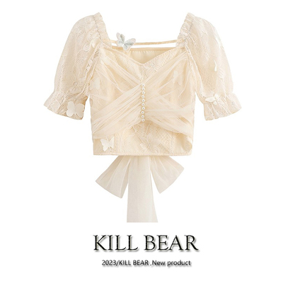 taobao agent Summer shiffon short lace jacket, open shoulders, puff sleeves