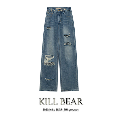 taobao agent Kill Bear 2023 Autumn New Washing Wash Gradient denim trousers Women's loose straight mopped wide -leg pants