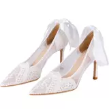 Кружевные свадебные туфли, белый ремень с заостренным носом на высоком каблуке, французский стиль