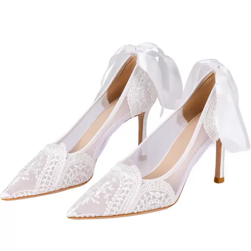 Кружевные свадебные туфли, белый ремень с заостренным носом на высоком каблуке, французский стиль