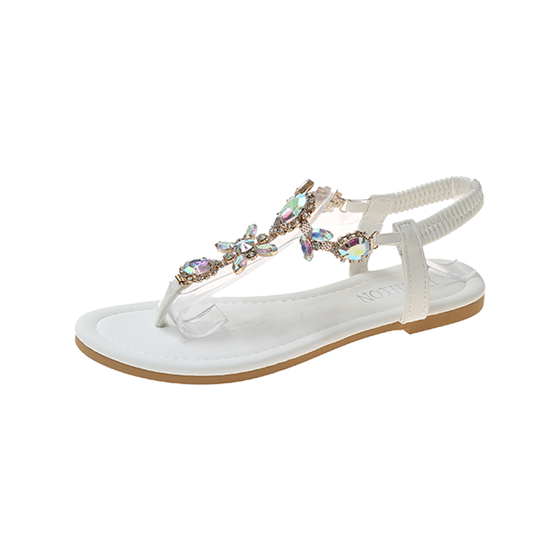 Internet Celebrated Sandals Women's 2023 Summer New Flat All-match Fairy Style Rhinestone Clip Toe Sandals Seaside Non-slip Beach