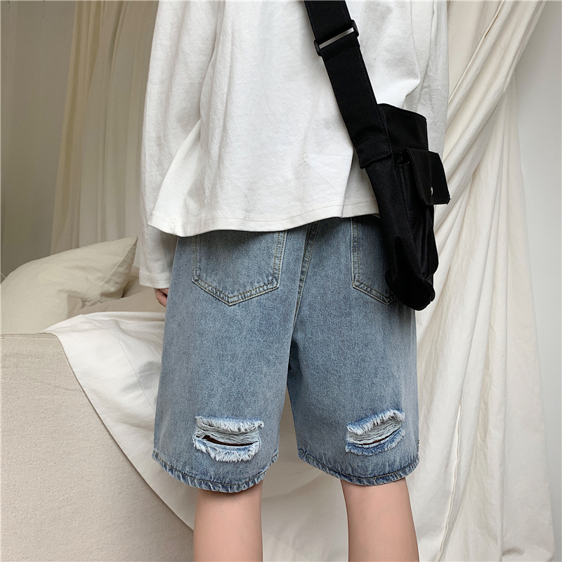 Summer ins net red hole denim shorts men's Hong Kong Style loose casual Capri Pants youth fashion brand breeches