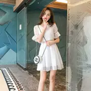 Đầm suông màu đỏ chính hãng của phụ nữ chính hãng 2019 Đầm dự tiệc hè mới phiên bản Hàn Quốc của áo ngắn tay màu rắn chữ A - Váy eo cao