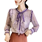 Шифоновый осенний сиреневый топ с бантиком, рубашка, длинный рукав, цветочный принт, в западном стиле