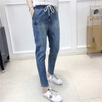 Hui Yi Ge đầu mùa thu nữ eo đàn hồi cao eo jeans rửa trắng cũ quần âu căng denim quần quần bò đen nữ