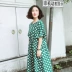 Suji Ange thiết kế ban đầu lỏng giản dị váy dài văn học retro vòng cổ polka dot dress mùa hè phong cách mới váy đuôi cá dài Váy dài