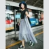 Suji Ange thiết kế ban đầu khâu lưới váy văn học Nhật Bản A-loại vòng cổ ăn mặc mùa hè phong cách mới váy đen dài Váy dài