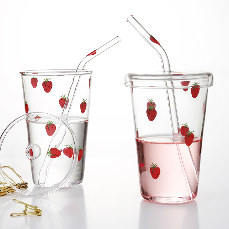 可爱玻璃杯草莓杯带盖吸管杯随手杯