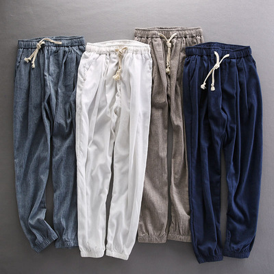 Xếp li linen chín quần của nam giới bàn chân mỏng lỏng mùa hè kem chống nắng chất liệu cotton 9 điểm chùm chân đèn lồng hậu cung quần