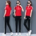 Bộ đồ thể thao Jeffrey Xueyi mùa hè 2019 của phụ nữ có kích thước lớn đứng cổ áo tay ngắn Quần thể thao hai mảnh giản dị - Thể thao sau