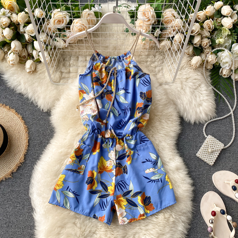 Royal BlueBohemia seaside Holiday style Jumpsuits female Minority Sense of design halter  camisole printing Broad legs shorts summer wear