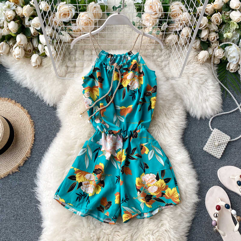 GreenBohemia seaside Holiday style Jumpsuits female Minority Sense of design halter  camisole printing Broad legs shorts summer wear